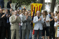 D'esquerra a dreta: Jaume Mateu, president d'Obra Cultural Balear, Eliseu Climent, president d'ACPV i Jordi Porta, president d'Òmnium Cultural.